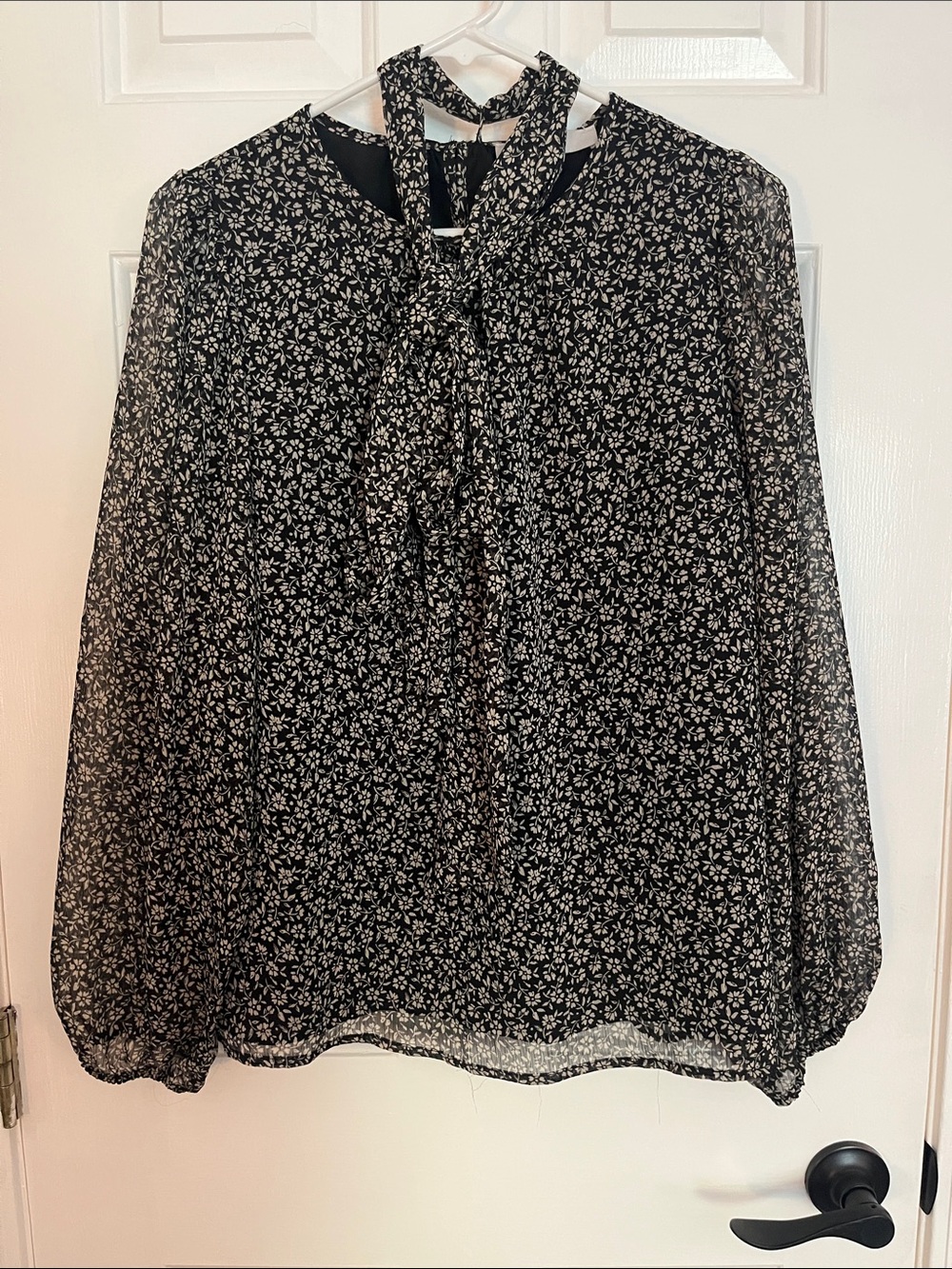 LOFT Black and White Floral Tie-Neck Blouse